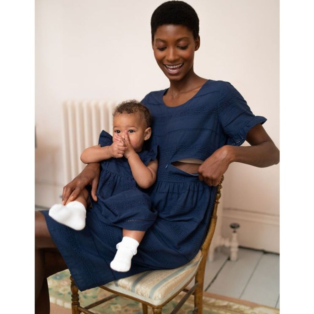 Seraphine Mama + Mini Navy 100% Cotton Broderie Maternity & Nursing Dress 4  NWT